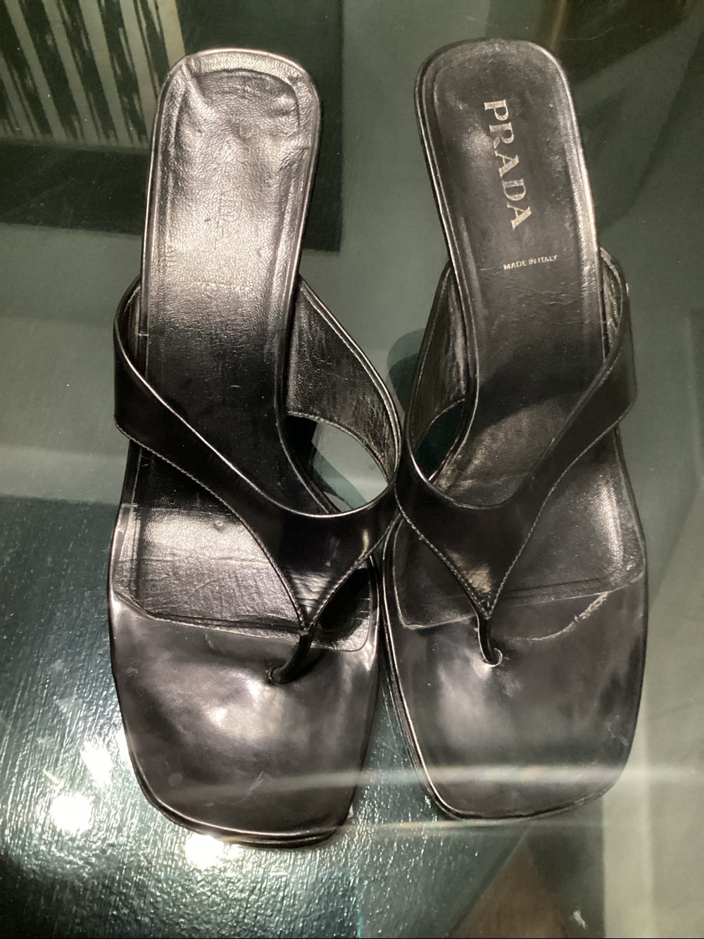 Prada Black Leather Square-Toe Thong Heel Sandals - size 38 1/2 - US 8 - Picture 2 of 6